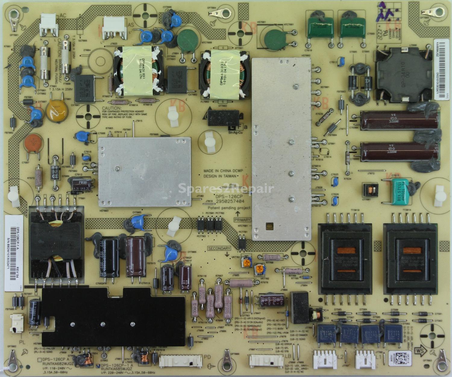Sharp LC-40LE811E - Power Supply - RUNTKA685WJQZ - DPS-126CP - 2950257404 - KA685WJQZ - DPS-126CP-1 A - REV:S4